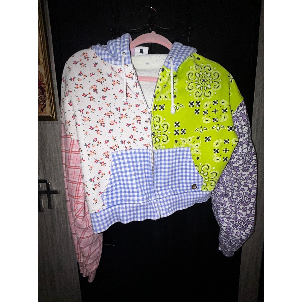 Teddy Fresh Patchwork Zip Up Hoodie Multi Pattern Paisley Gingham Floral Medium